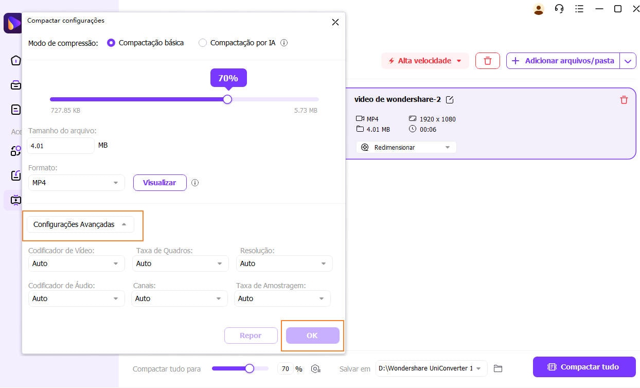 fornecer configurações de compactação mais avançadas