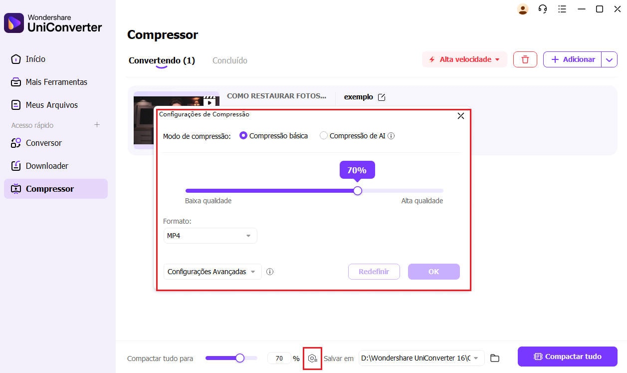 definir taxa de compressão no redutor de vídeo mb