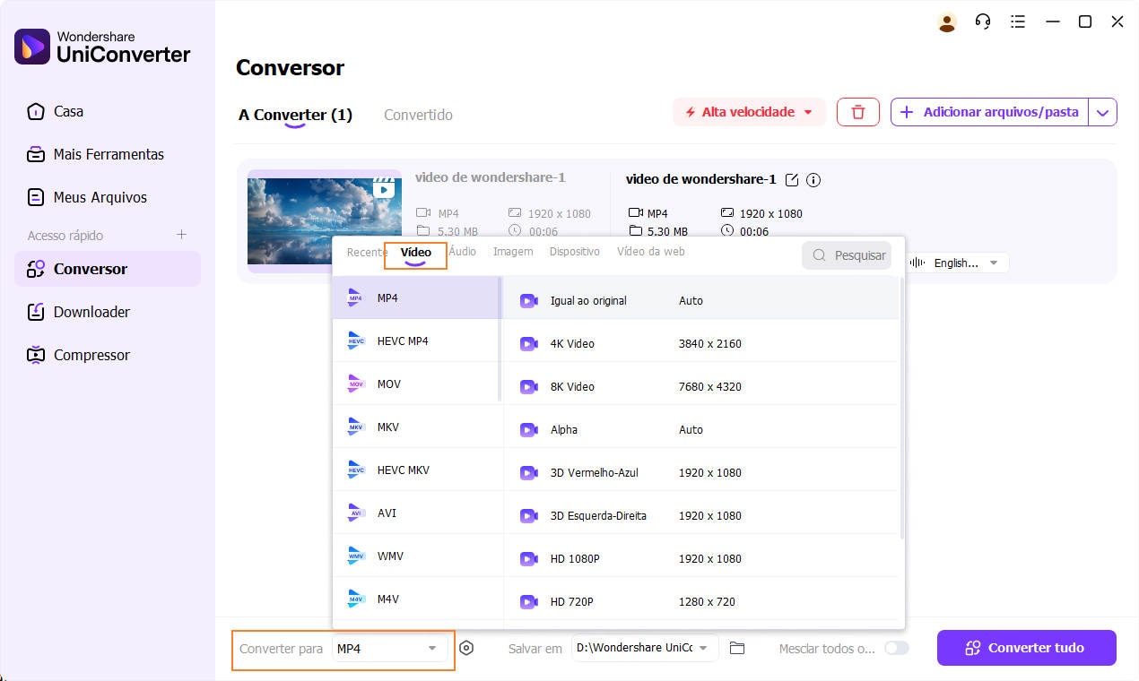 selecione o formato para conversão