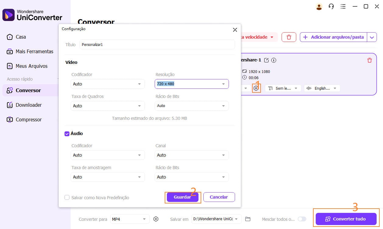 forneça configurações de conversão detalhadas e prossiga