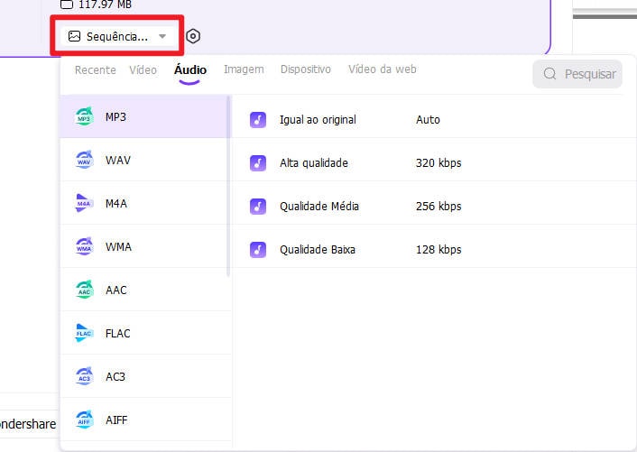 selecione o formato de áudio