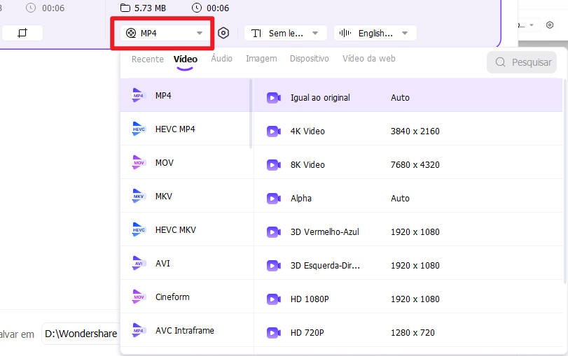 escolha o formato de saída