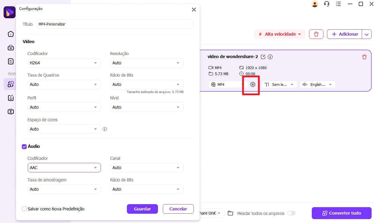 fazer configurações de saída de conversão de vídeo