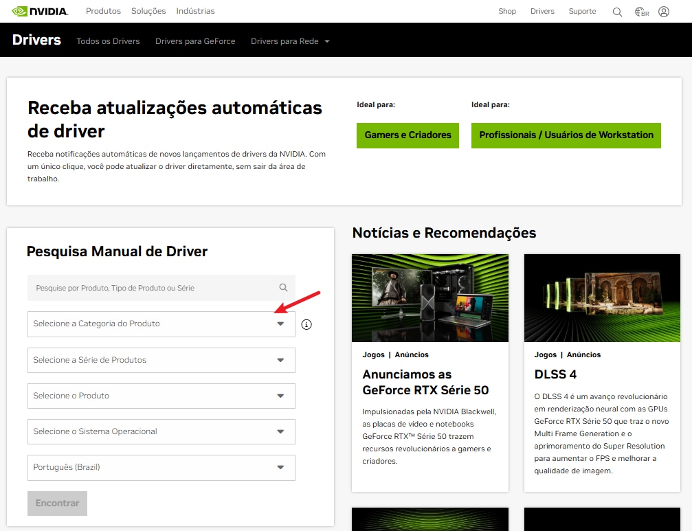 acesse o site oficial da nvidia