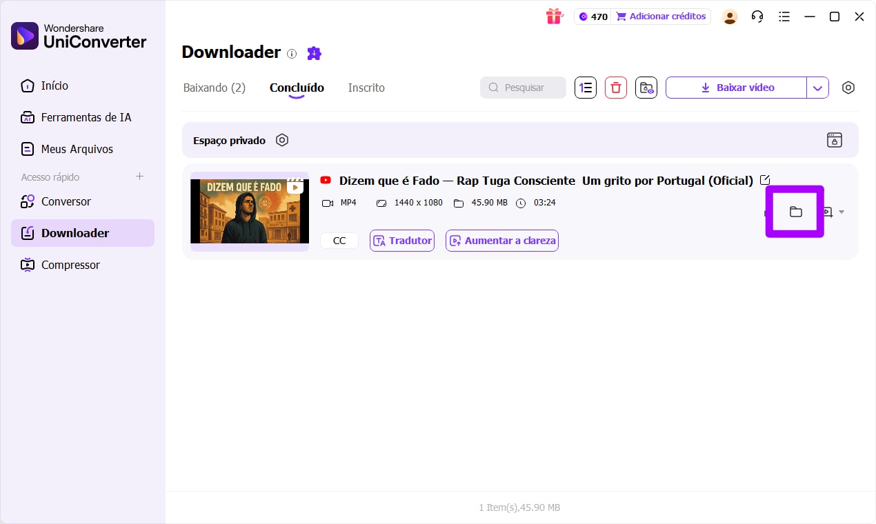 dicas para baixar vídeos — abrir localização do arquivo