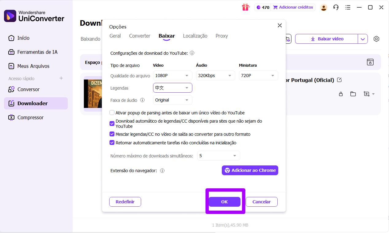 dicas para baixar vídeos — janela de preferências de download
