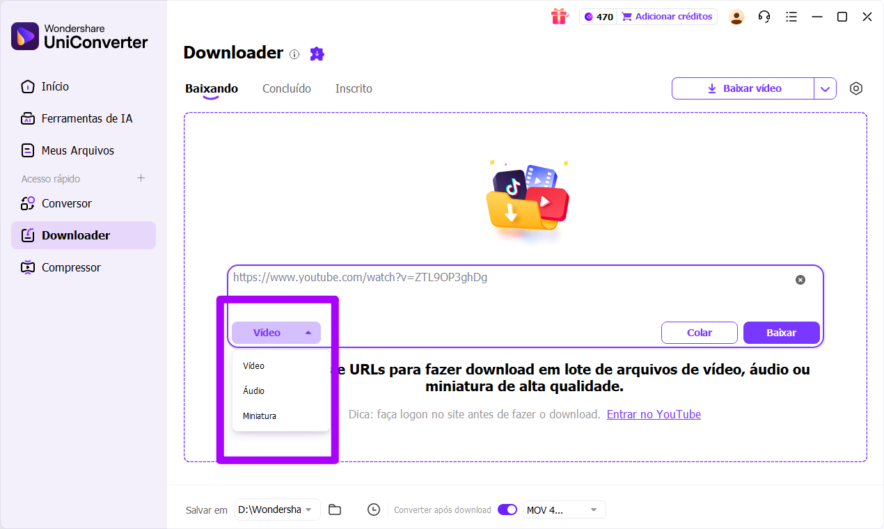 baixar vídeo para mp3 no uniconverter