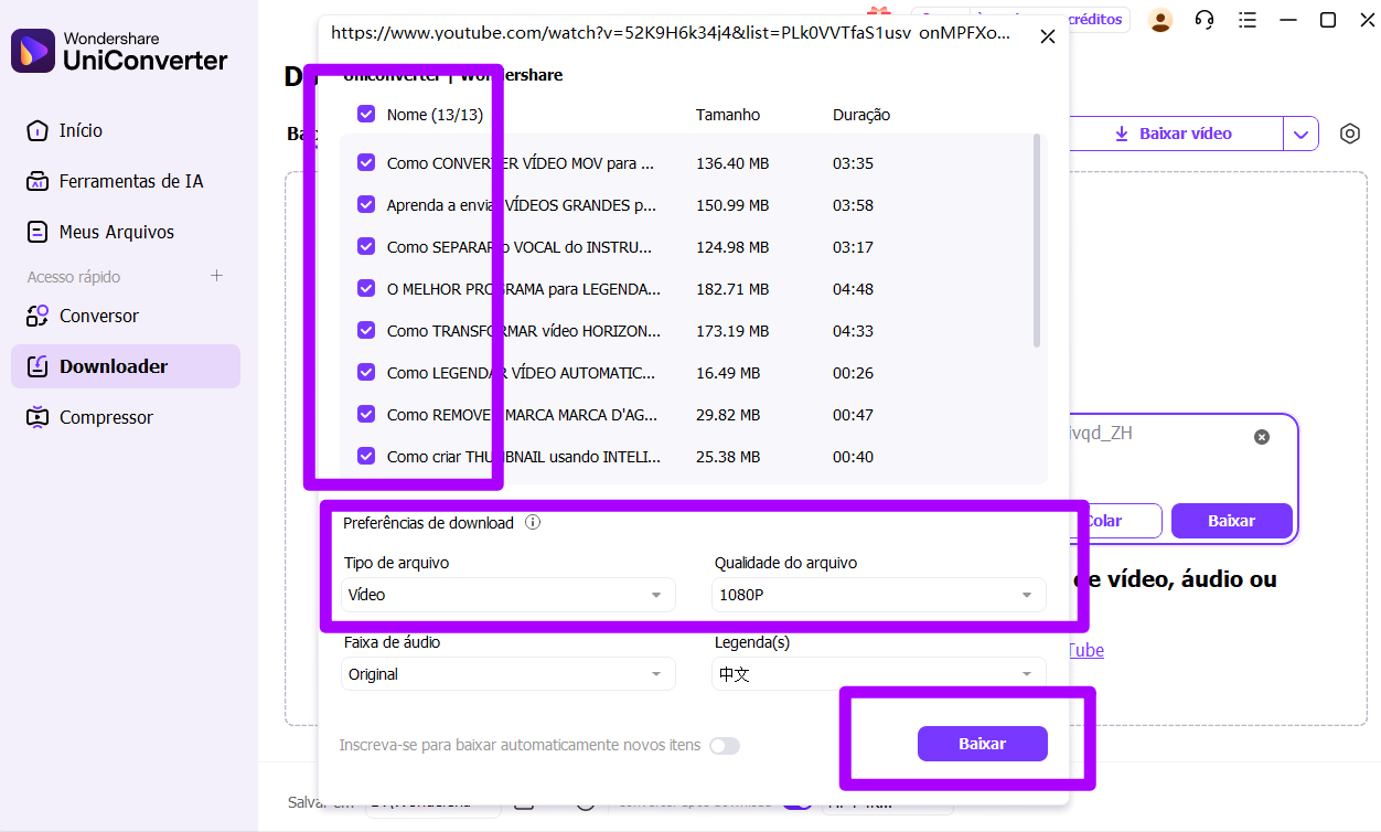 escolher formato e qualidade ao baixar playlist do youtube
