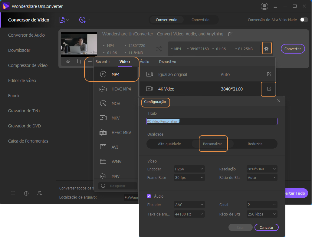 Select MP4 as output movie format